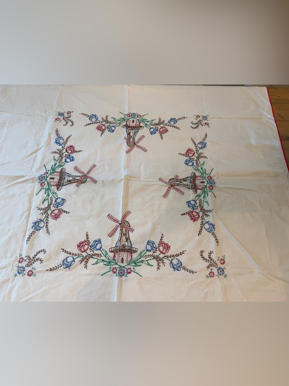 Vintage Dutch Windmill Tulip Embroidered Tablecloth 50.5” Square